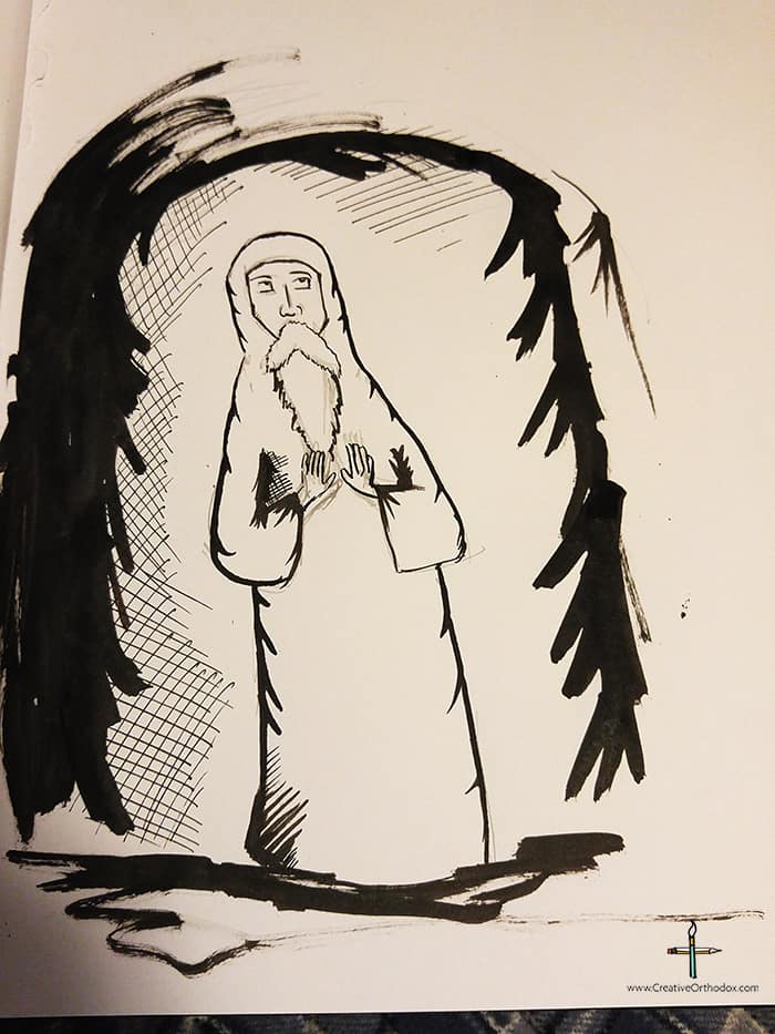 Ink drawing of saint Macarius the Great